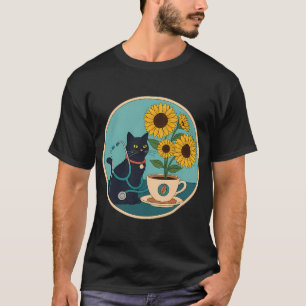 Zonnebloem lint Zwarte Kat Stethoscoop Koffiekop T-shirt