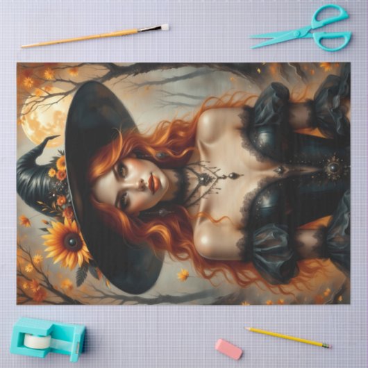 Zonnebloem Maan Heks Vuurrood Haar In Gotische Kan Tissuepapier (Craft)