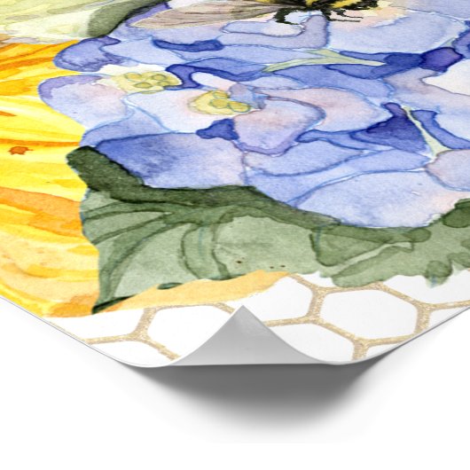 Zonnebloem Mama naar Bee Bumblebee Blue Hydrangeas Poster (Hoek)