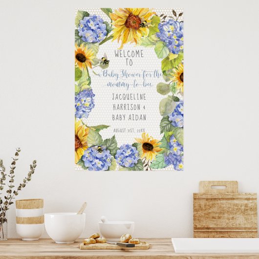 Zonnebloem Mama naar Bee Bumblebee Blue Hydrangeas Poster (Keuken)