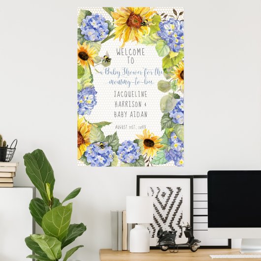 Zonnebloem Mama naar Bee Bumblebee Blue Hydrangeas Poster (Thuiskantoor)