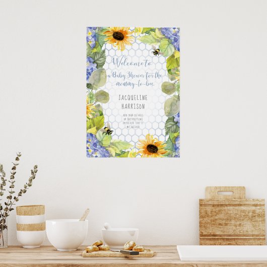 Zonnebloem mammie tot bee Bumblebee Blue Hydrangea Poster (Keuken)