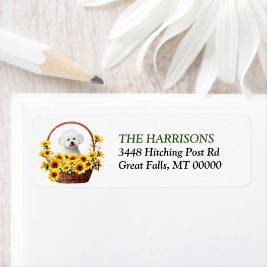 Zonnebloem mand Bichon Frise Dog Label (Insitu)