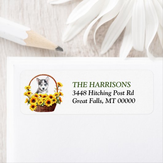 Zonnebloem mand Siberische Husky Puppy Etiket (Insitu)