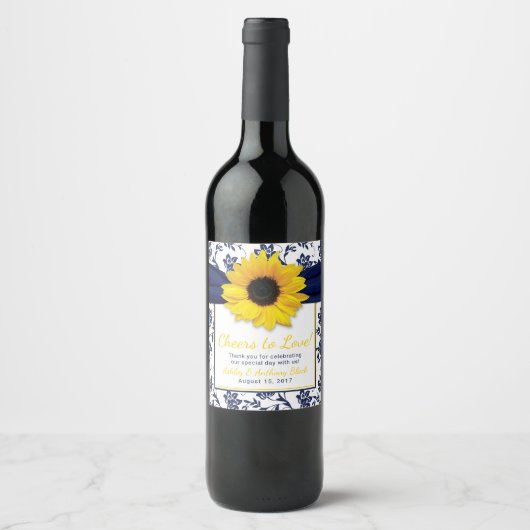 Zonnebloem Marine Blauw Bloemen Proost op Liefde B Wijn Etiket (Voorkant)