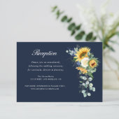 Zonnebloem marine blauw bruiloft receptie kaart (Staand voorkant)