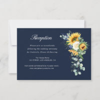 Zonnebloem marine blauw bruiloft receptie kaart