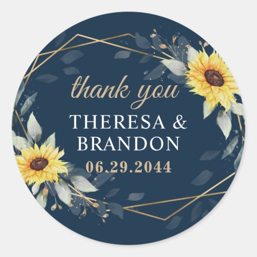 Zonnebloem & Marine Blauw Geometrische Bruiloft Da Ronde Sticker (Voorkant)