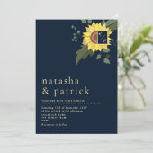 Zonnebloem Marine Blauw Goud Moderne bruiloft Uitn Kaart (Staand voorkant)
