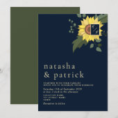 Zonnebloem Marine Blauw Goud Moderne bruiloft Uitn Kaart (Voorkant / Achterkant)