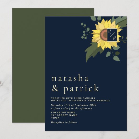 Zonnebloem Marine Blauw Goud Moderne bruiloft Uitn Kaart (Voorkant / Achterkant)