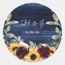 Zonnebloem Marine Blauw Hout Bruiloft Envelop Seal Ronde Sticker