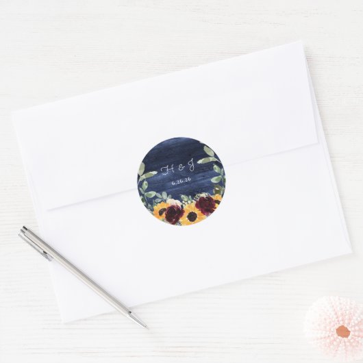 Zonnebloem Marine Blauw Hout Bruiloft Envelop Seal Ronde Sticker (Envelop)