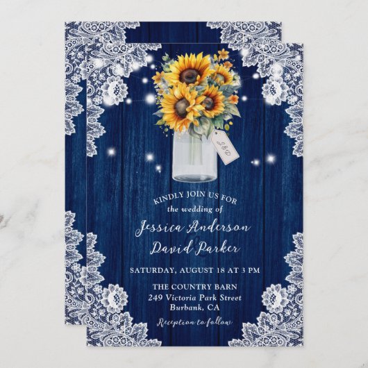 Zonnebloem Marine Blauw Hout Kant Mason Jar Weddin Kaart (Voorkant / Achterkant)