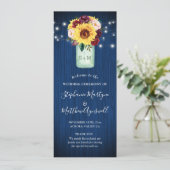 Zonnebloem Marine Blauw Mason Jar Bloemen Bruiloft Programmakaart (Staand voorkant)