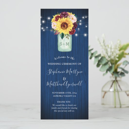Zonnebloem Marine Blauw Mason Jar Bloemen Bruiloft Programmakaart (Staand voorkant)