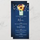 Zonnebloem Marine Blauw Mason Jar Lights Bruiloft  Menu (Voorkant / Achterkant)