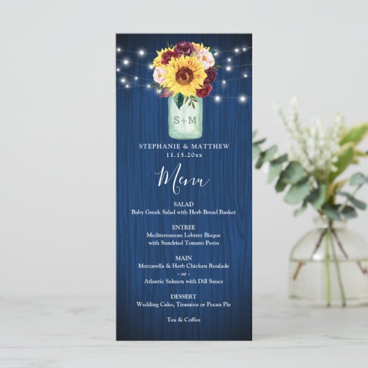 Zonnebloem Marine Blauw Mason Jar Lights Bruiloft  Menu (Staand voorkant)