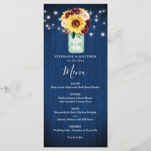 Zonnebloem Marine Blauw Mason Jar Lights Bruiloft  Menu (Voorkant)