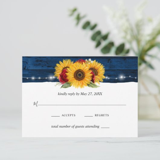 Zonnebloem Marine Blauw Rood Rose Rustiek Hout Bru RSVP Kaartje (Staand voorkant)