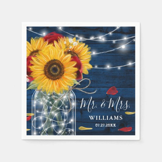 Zonnebloem Marine Blauw Rood Rose Rustiek Hout Bru Servet (Voorkant)