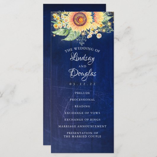 Zonnebloem Marine Blauw Rustieke Herfst Bruiloft P Programmakaart (Voorkant / Achterkant)