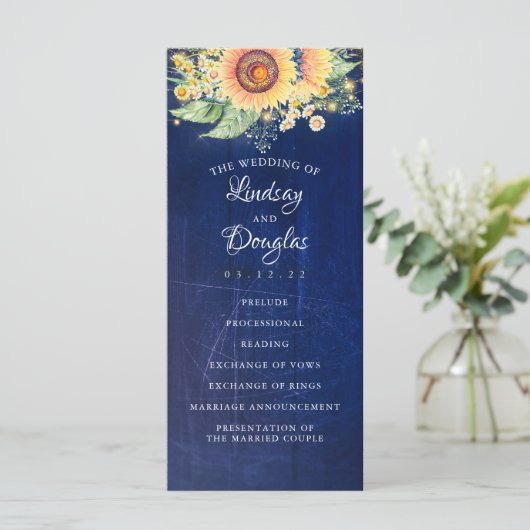 Zonnebloem Marine Blauw Rustieke Herfst Bruiloft P Programmakaart (Staand voorkant)