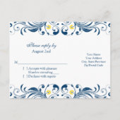 Zonnebloem Marine Blauw Wit Bloemen Huwelijk RSVP Uitnodiging Briefkaart (Achterkant)