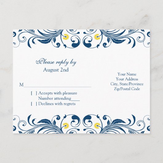 Zonnebloem Marine Blauw Wit Bloemen Huwelijk RSVP Uitnodiging Briefkaart (Achterkant)