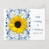 Zonnebloem Marine Blauw Wit Bloemen Huwelijk RSVP Uitnodiging Briefkaart (Voorkant)