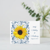 Zonnebloem Marine Blauw Wit Bloemen Huwelijk RSVP Uitnodiging Briefkaart (Staand voorkant)