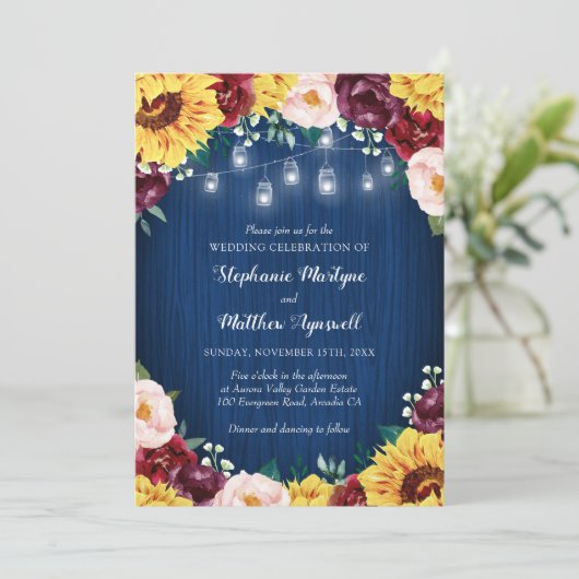 Zonnebloem Marine Mason Jars Bloemen Bruiloft Kaart (Staand voorkant)