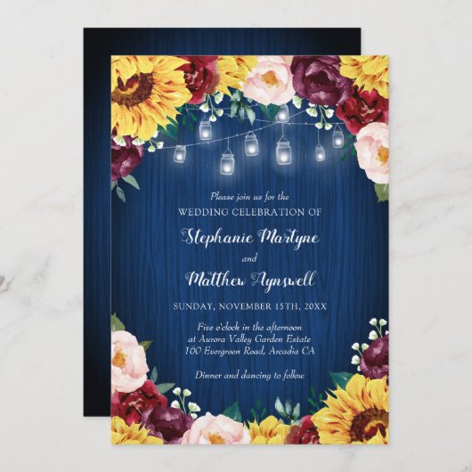 Zonnebloem Marine Mason Jars Bloemen Bruiloft Kaart (Voorkant / Achterkant)