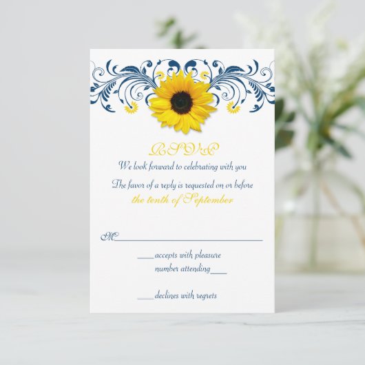Zonnebloem Marineblauw Geel Bloem Bruiloft RSVP (Staand voorkant)