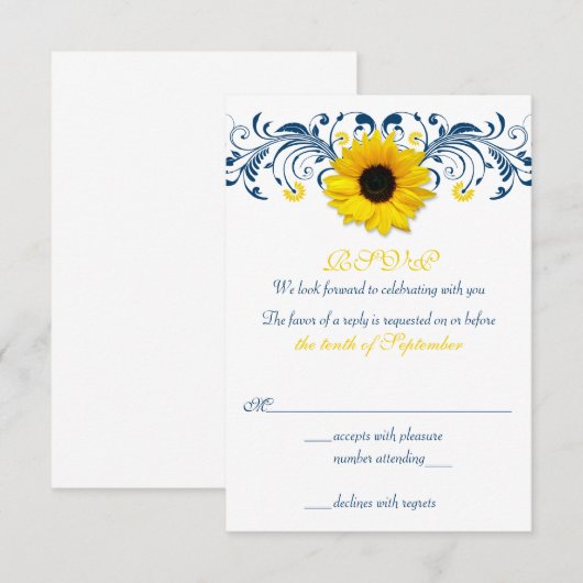 Zonnebloem Marineblauw Geel Bloem Bruiloft RSVP (Voorkant / Achterkant)