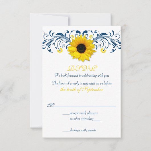 Zonnebloem Marineblauw Gele Bloemige Trouw RSVP (Voorkant)
