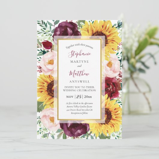 Zonnebloem Marsala Herfst Bourgogne Gouden Bruilof Kaart (Staand voorkant)