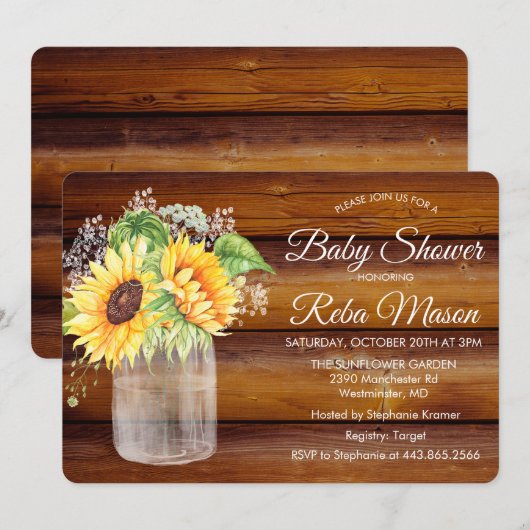 Zonnebloem Mason Jar Baby shower Invitation Kaart (Voorkant / Achterkant)