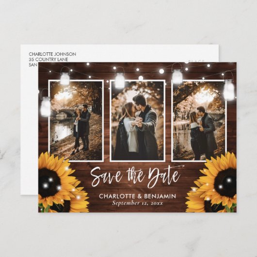 Zonnebloem Mason Jar Barn Wood Foto sparen Datum Aankondigingskaart (Voorkant / Achterkant)