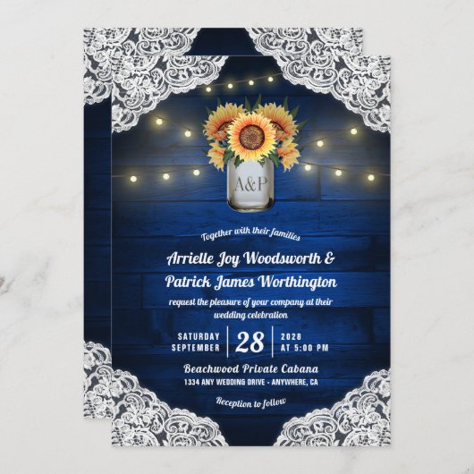 Zonnebloem Mason Jar Blauw Hout Bruiloft Uitnodigi Kaart (Voorkant / Achterkant)