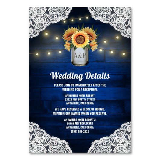 Zonnebloem Mason Jar Blauw Hout Trouwstok Kaarten (Voorkant)