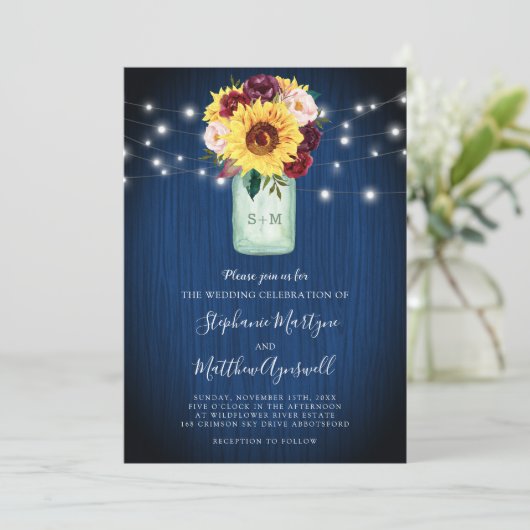 Zonnebloem Mason Jar Blauw Houten Lichten Bruiloft Kaart (Staand voorkant)