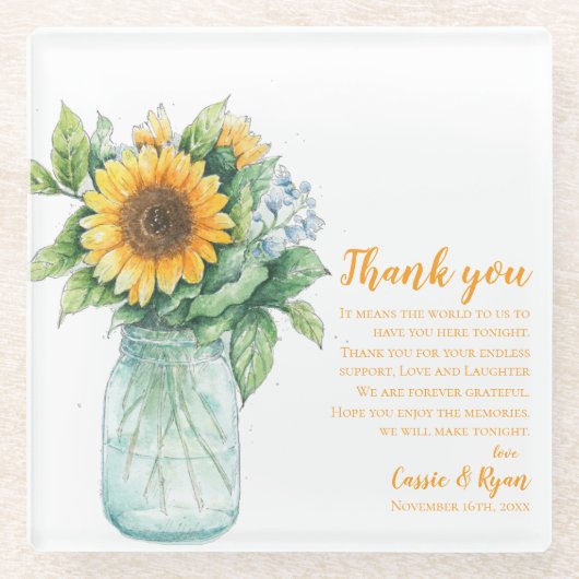 Zonnebloem Mason Jar bruiloft Dank u bericht Glazen Onderzetter (Voorkant)