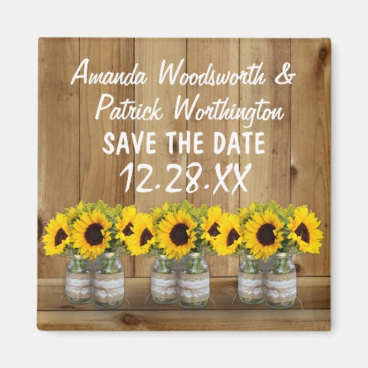 Zonnebloem Mason Jar Burlap en Kant Save the Date Magneet (Voorkant)