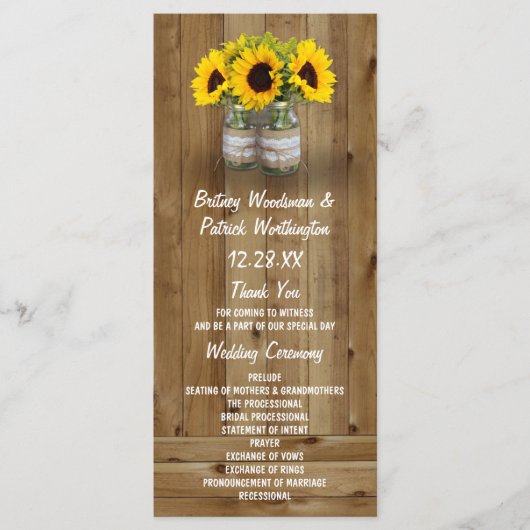 Zonnebloem Mason Jar Burlap + Kant Trouwprogramma' Programmakaart (Voorkant)