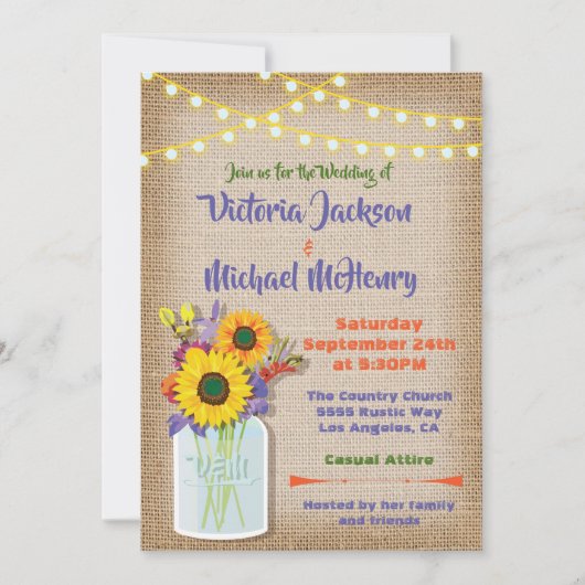 Zonnebloem Mason Jar Burlap Wedding Invitations Kaart (Voorkant)