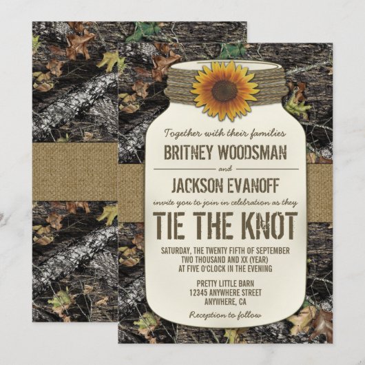 Zonnebloem Mason Jar Camo bruiloft uitnodigingen (Voorkant / Achterkant)