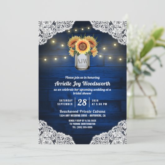 Zonnebloem Mason Jar Hout Bruids Douche Uitnodigin Kaart (Staand voorkant)