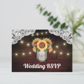 Zonnebloem Mason Jar Hout Kant Bruiloft RSVP Kaart (Staand voorkant)