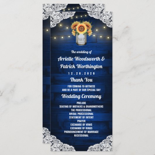 Zonnebloem Mason Jar Hout Kant Trouwprogramma's Programmakaart (Voorkant / Achterkant)